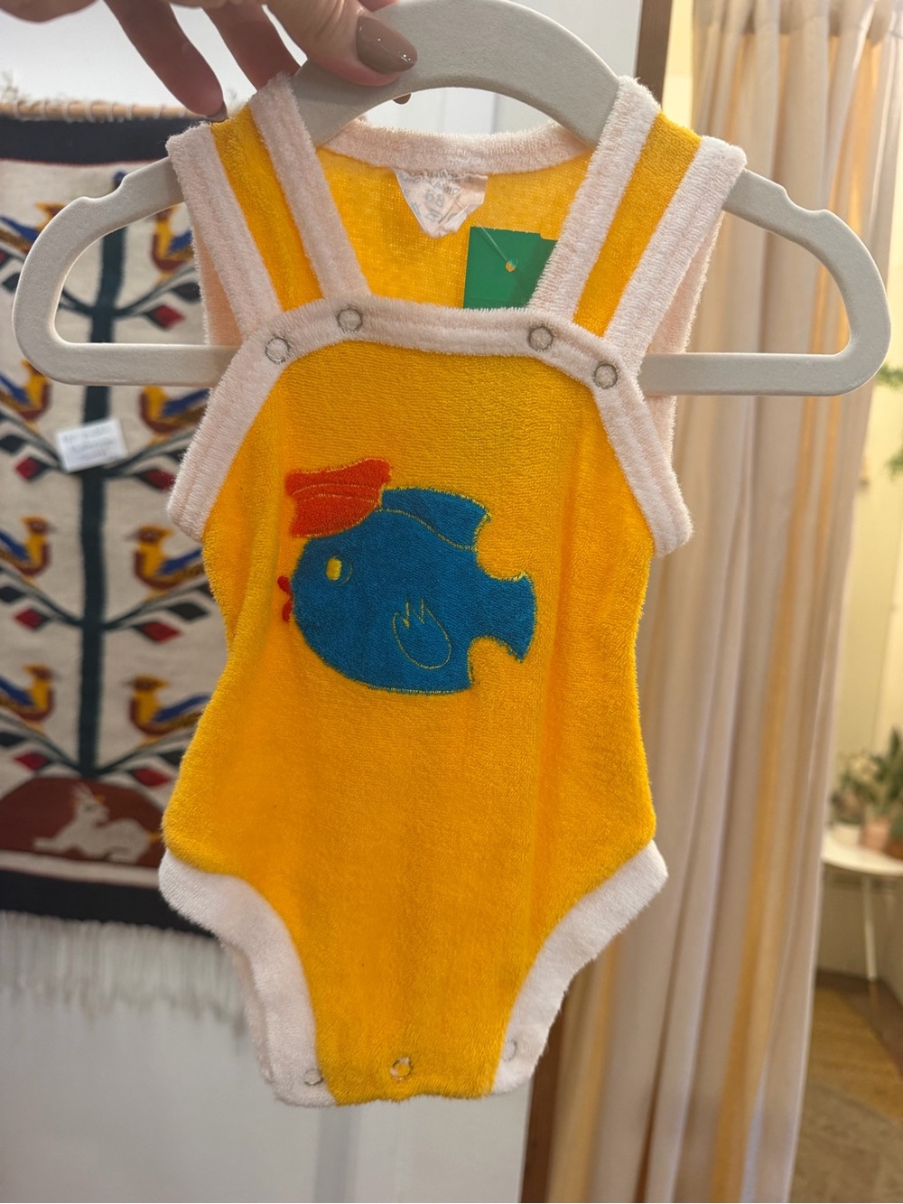 Vintage Yellow Terry Baby One-Piece Romper with Blue Fish - Unbranded